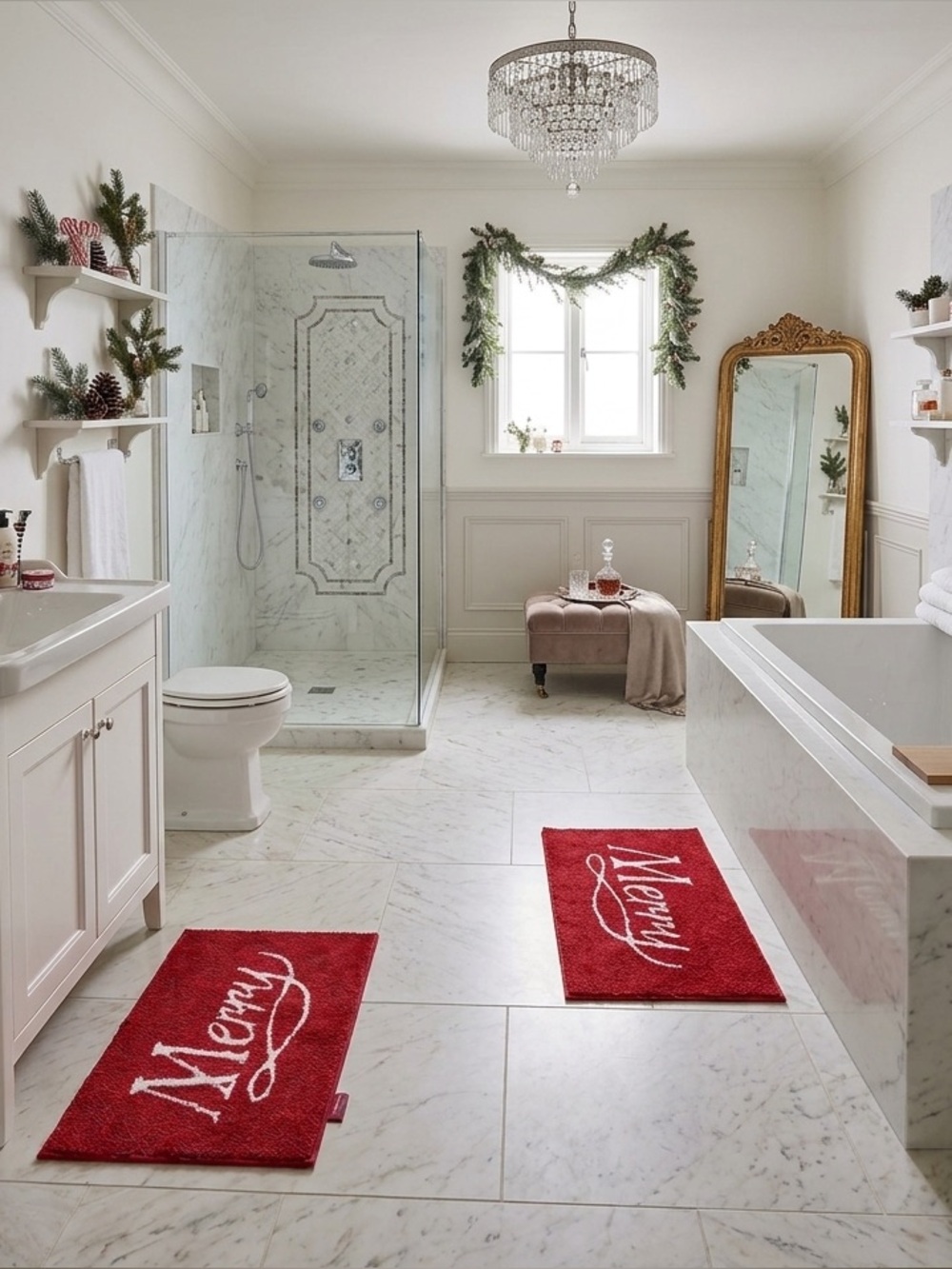 Red Bath Mat with ‘Merry' Script (2 pc)